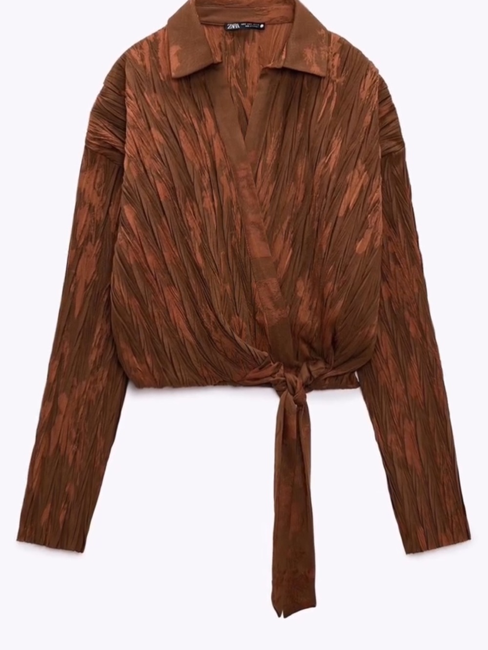 Zara Brown Textured Tie-Front Long Sleeve Top